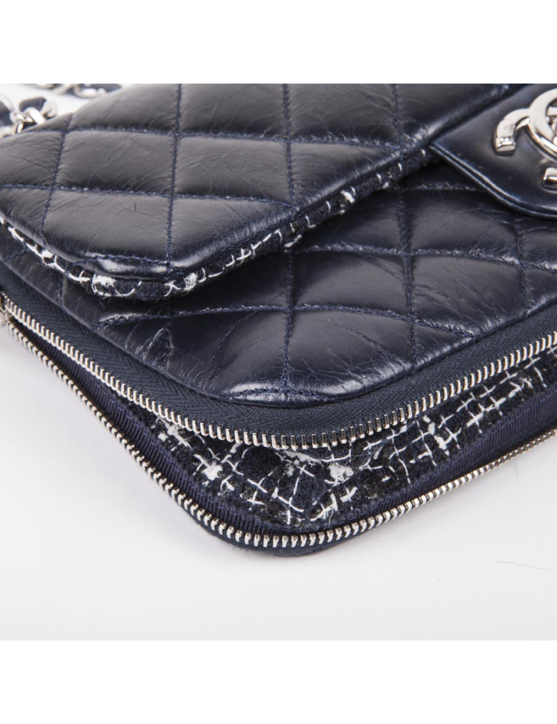 Sac CHANEL Bi-matière cuir et tweed bleu marine