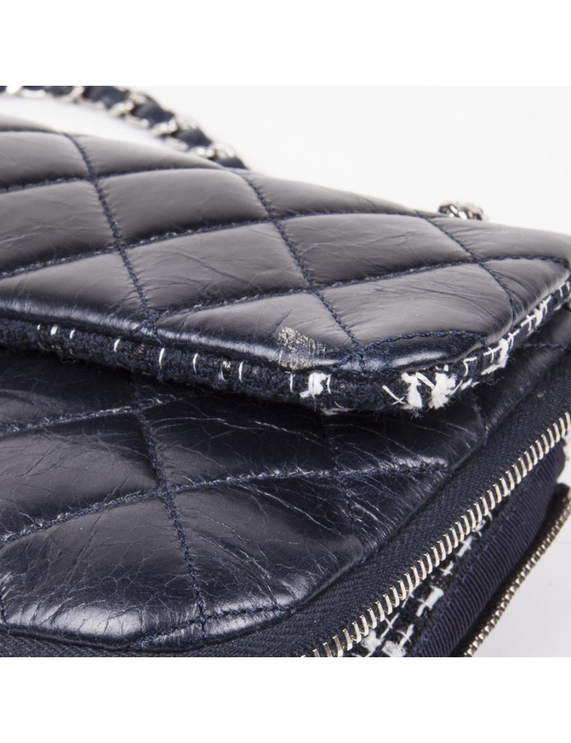 Sac CHANEL Bi-matière cuir et tweed bleu marine