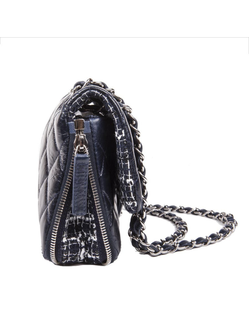Sac CHANEL Bi-matière cuir et tweed bleu marine