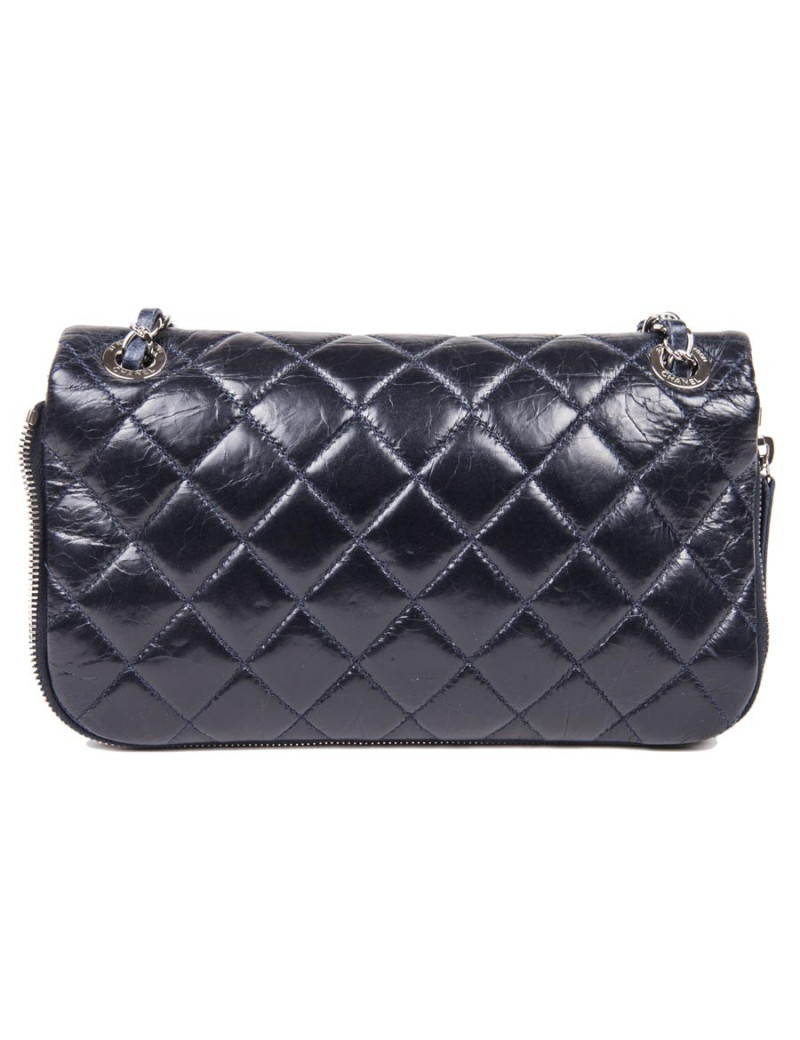 Sac CHANEL Bi-matière cuir et tweed bleu marine