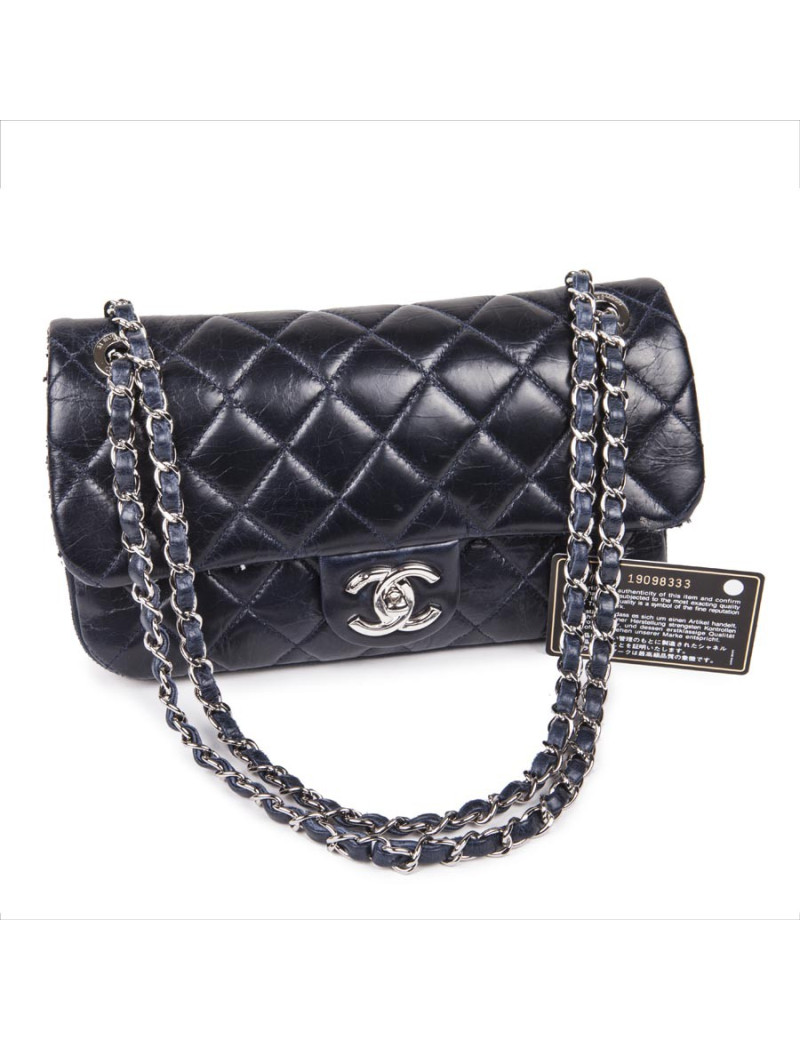 Sac CHANEL Bi-matière cuir et tweed bleu marine