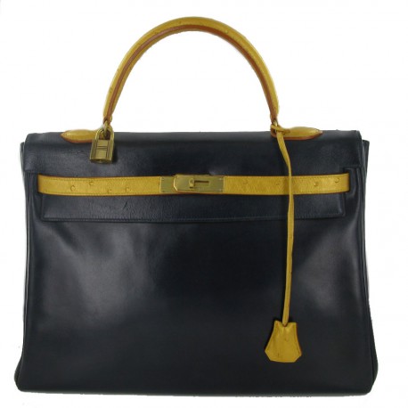 HERMES vintage Kelly 35 in navy box and golden ostrich leather