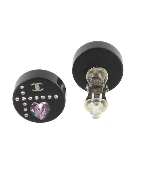 Clips of ears CHANEL in black resin set with white and pink rhinestones