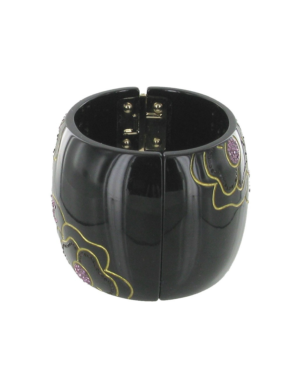 CHANEL cuff bracelet in black resin with engraved floral patterns