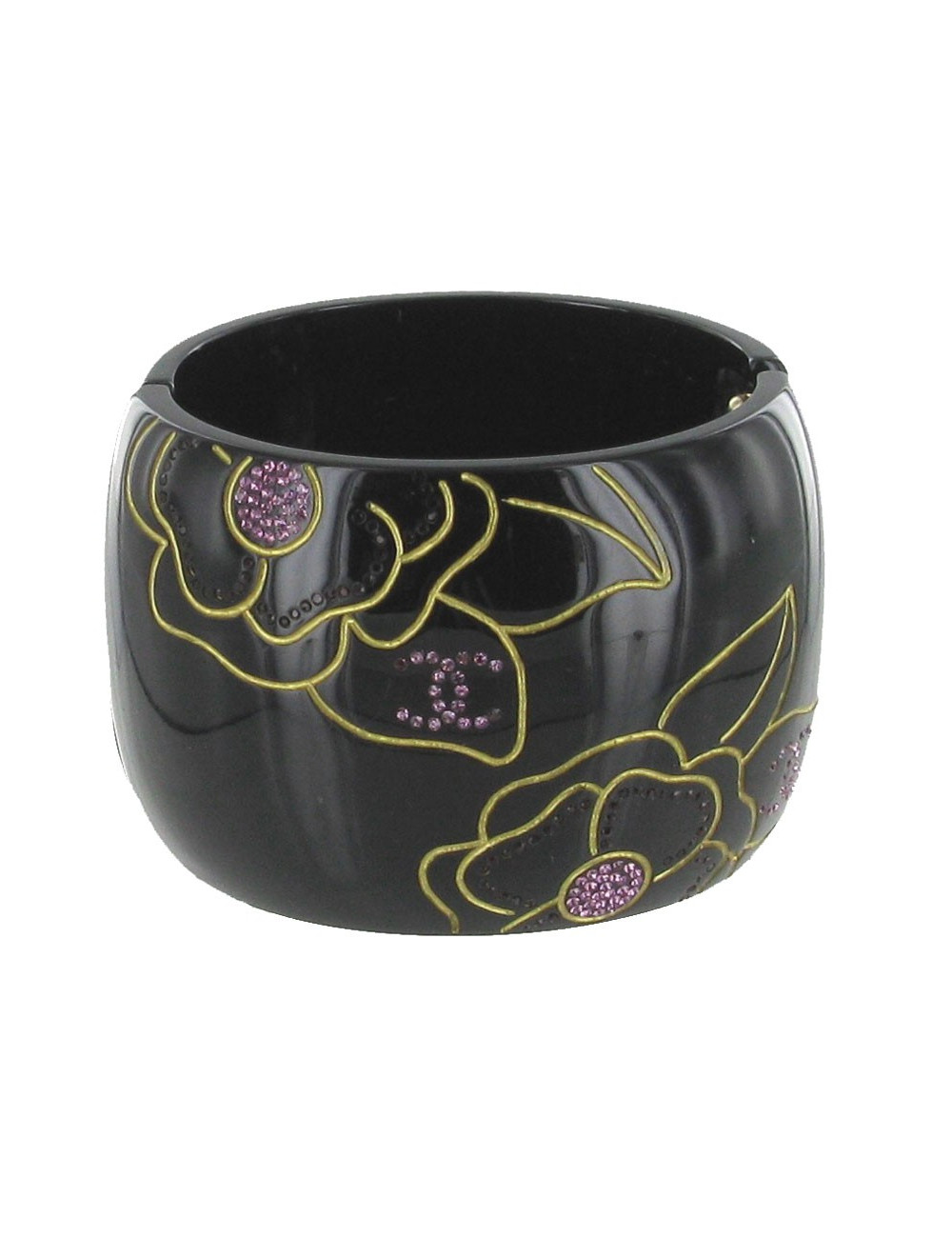 CHANEL cuff bracelet in black resin with engraved floral patterns