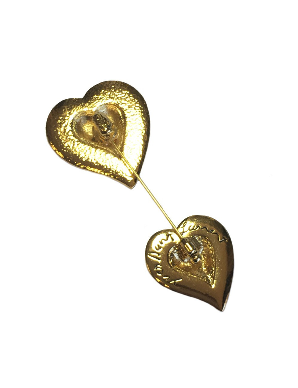  YSL YVES SAINT LAURENT two hearts in gilded metal brooch