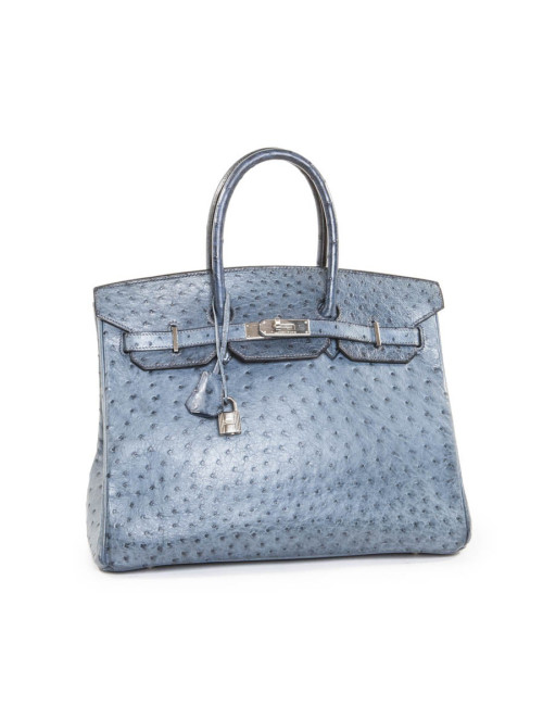 Sac Birkin 35 autruche bleu jean's