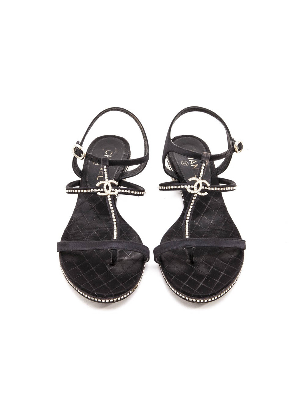 CHANEL rhinestone T 40 C/en black satin mules