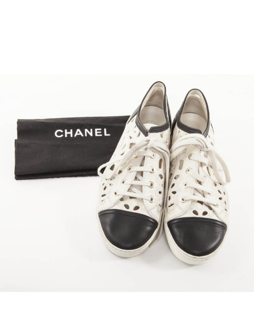 CHANEL T 39.5 black and white leather and embroidery sneakers