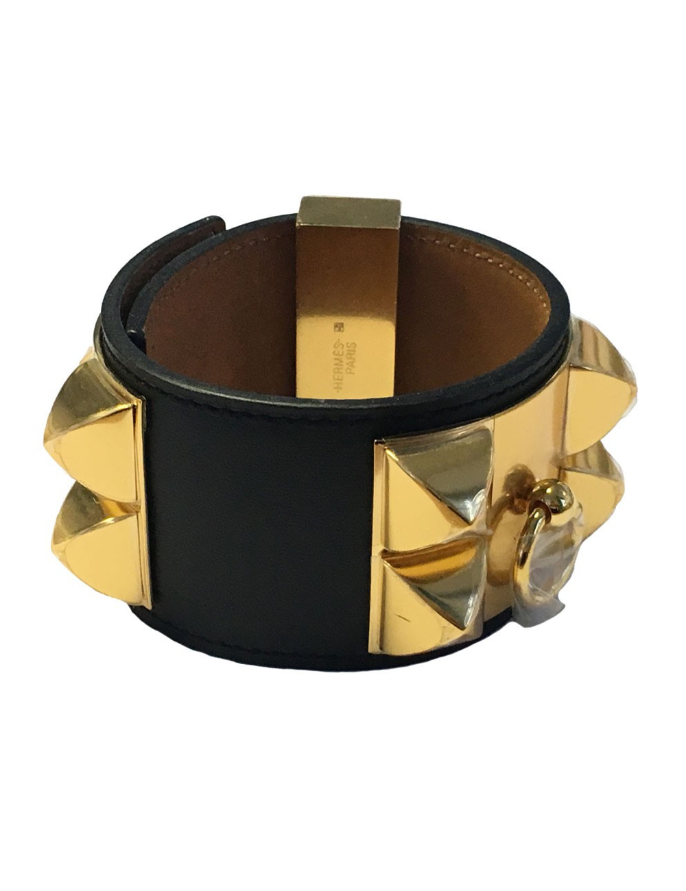 Manchette HERMES CDC en veau noir et bijouterie plaquée or