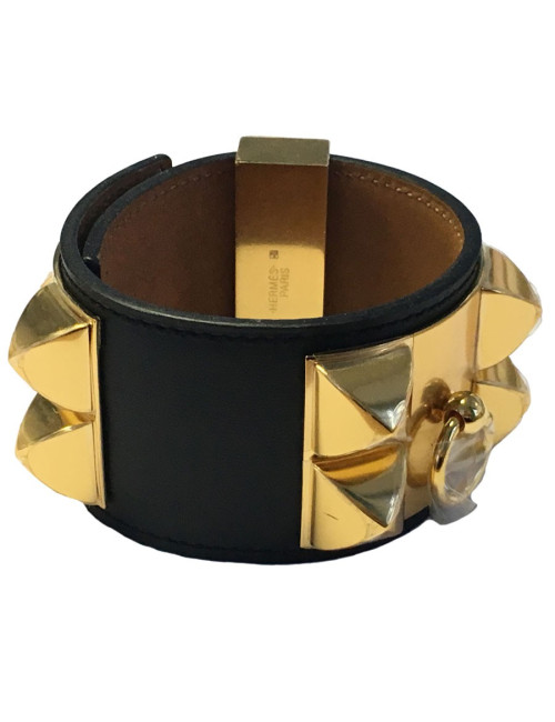 Manchette HERMES CDC en veau noir et bijouterie plaquée or