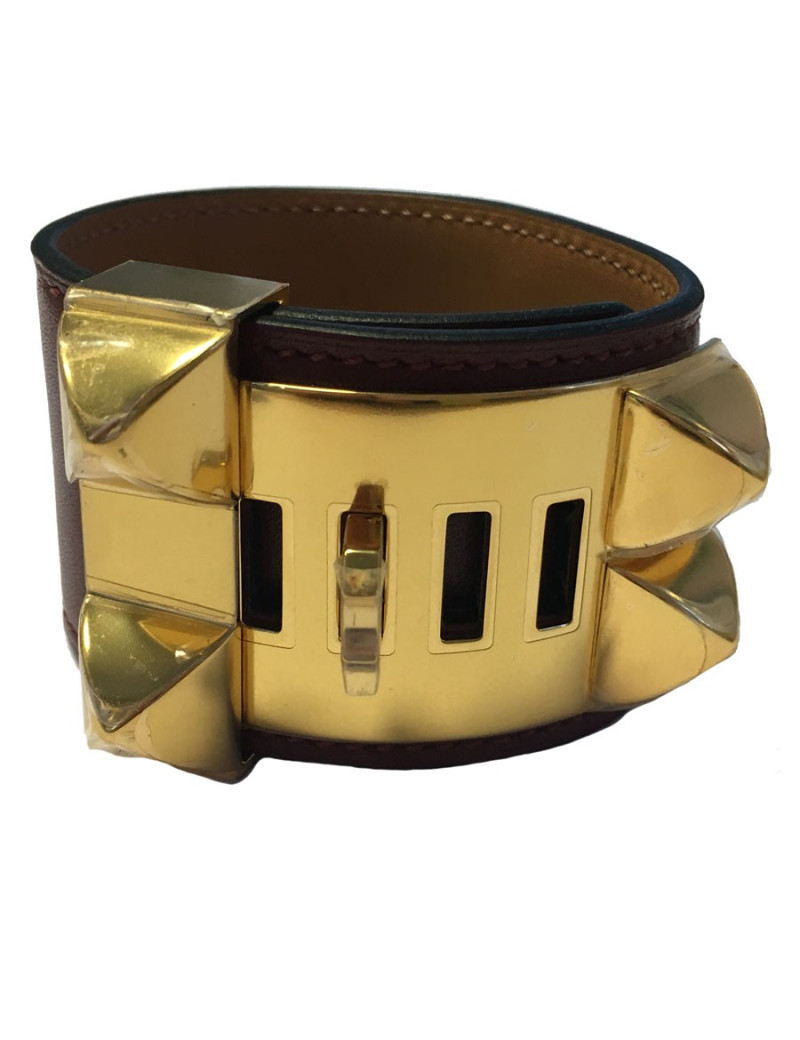 Cuff CDC HERMES red leather H jewelry plate gold