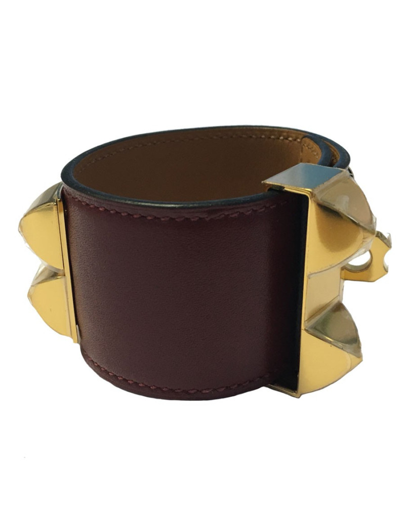 Cuff CDC HERMES red leather H jewelry plate gold