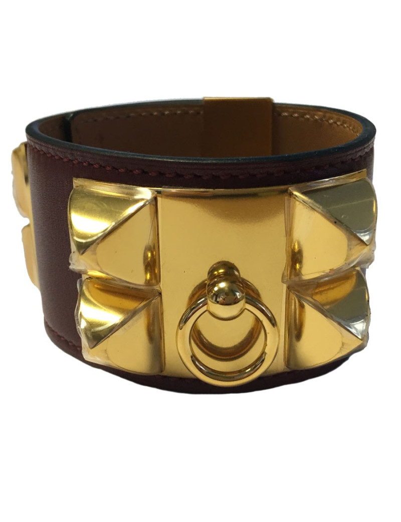 Cuff CDC HERMES red leather H jewelry plate gold