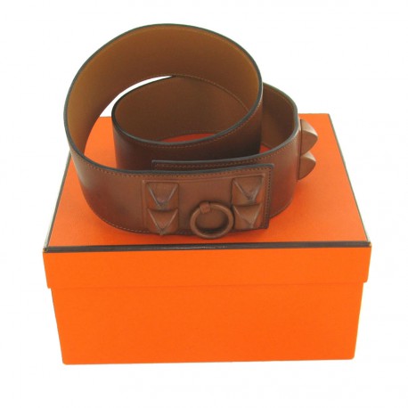 HERMES 'Shadow' T85 belt in brown barénia leather