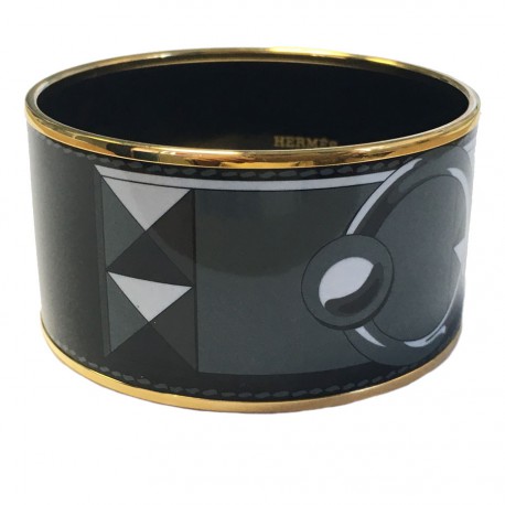Bracelet HERMES large en émail noir, jaune et gris motif collier de chien