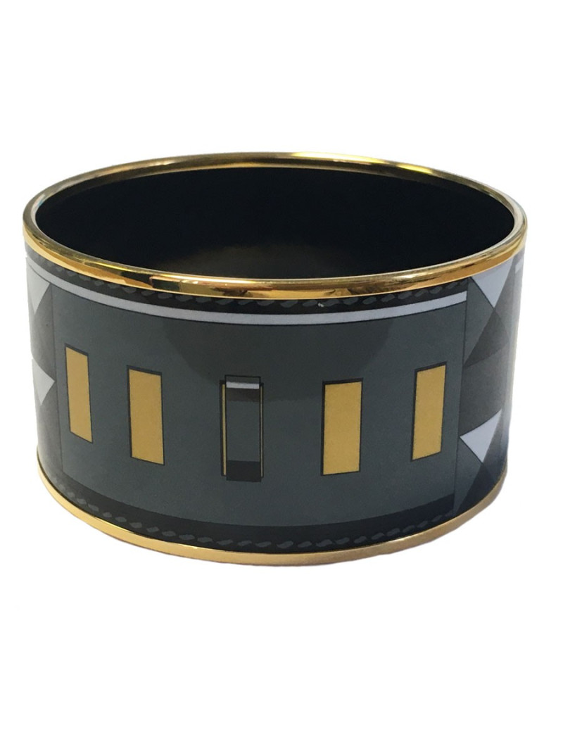 Bracelet HERMES  large en émail noir, jaune et gris motif collier de chien