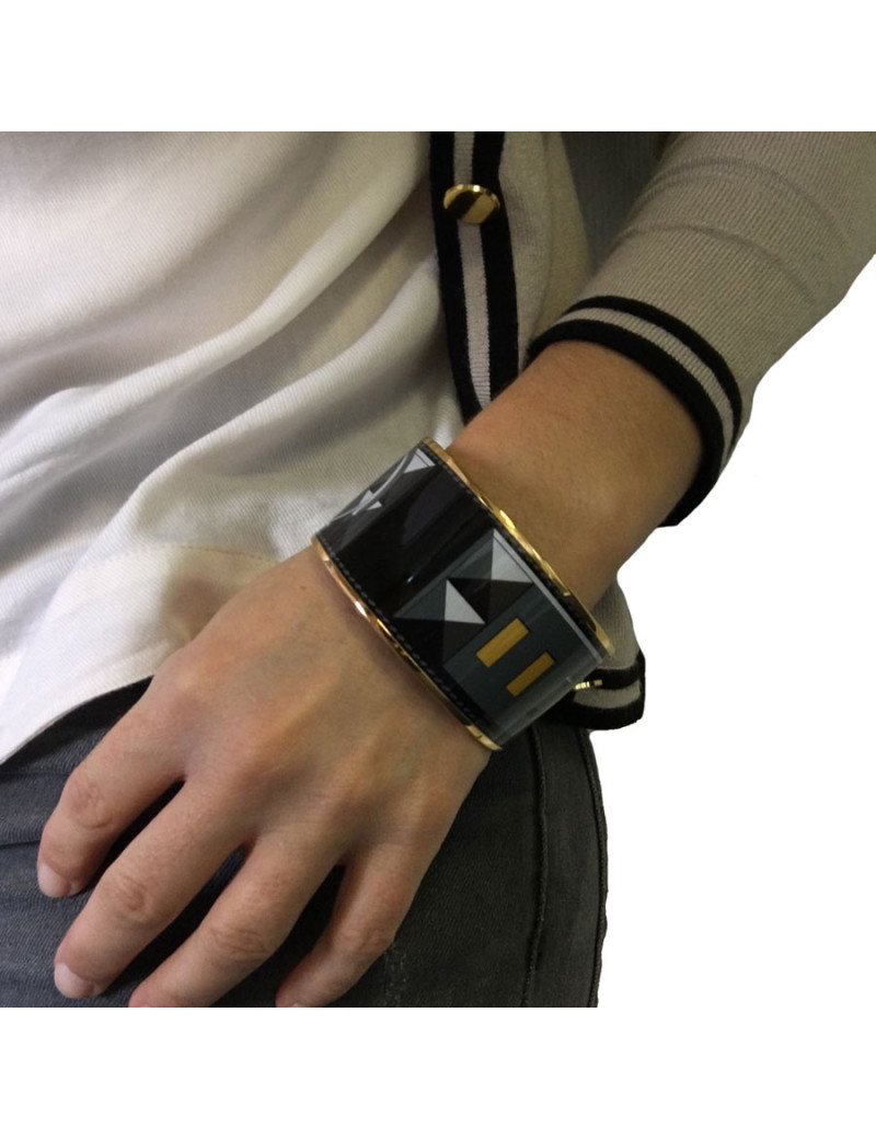 Bracelet HERMES  large en émail noir, jaune et gris motif collier de chien