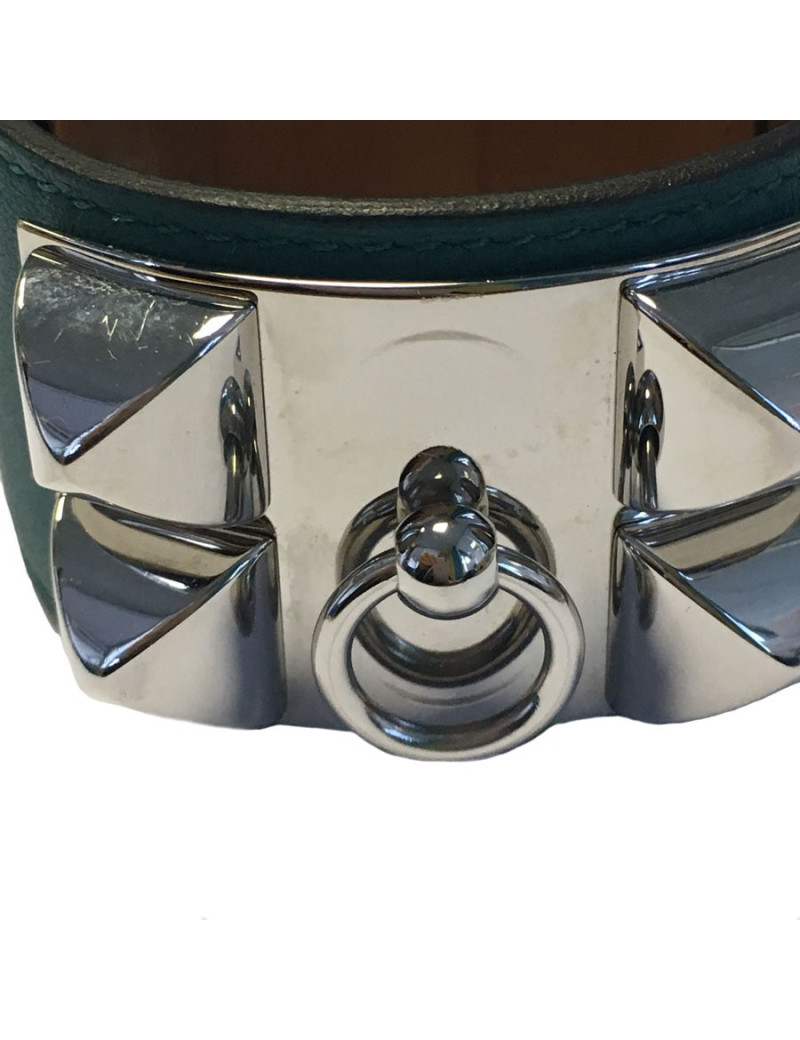 Manchette CDC HERMES en veau bleu paon et bijouterie argentée