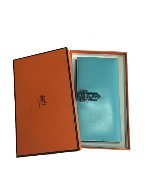 Portefeuille Bearn HERMES cuir et lézard bleu
