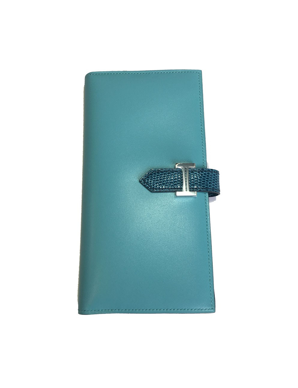 Portefeuille Bearn HERMES cuir et lézard bleu