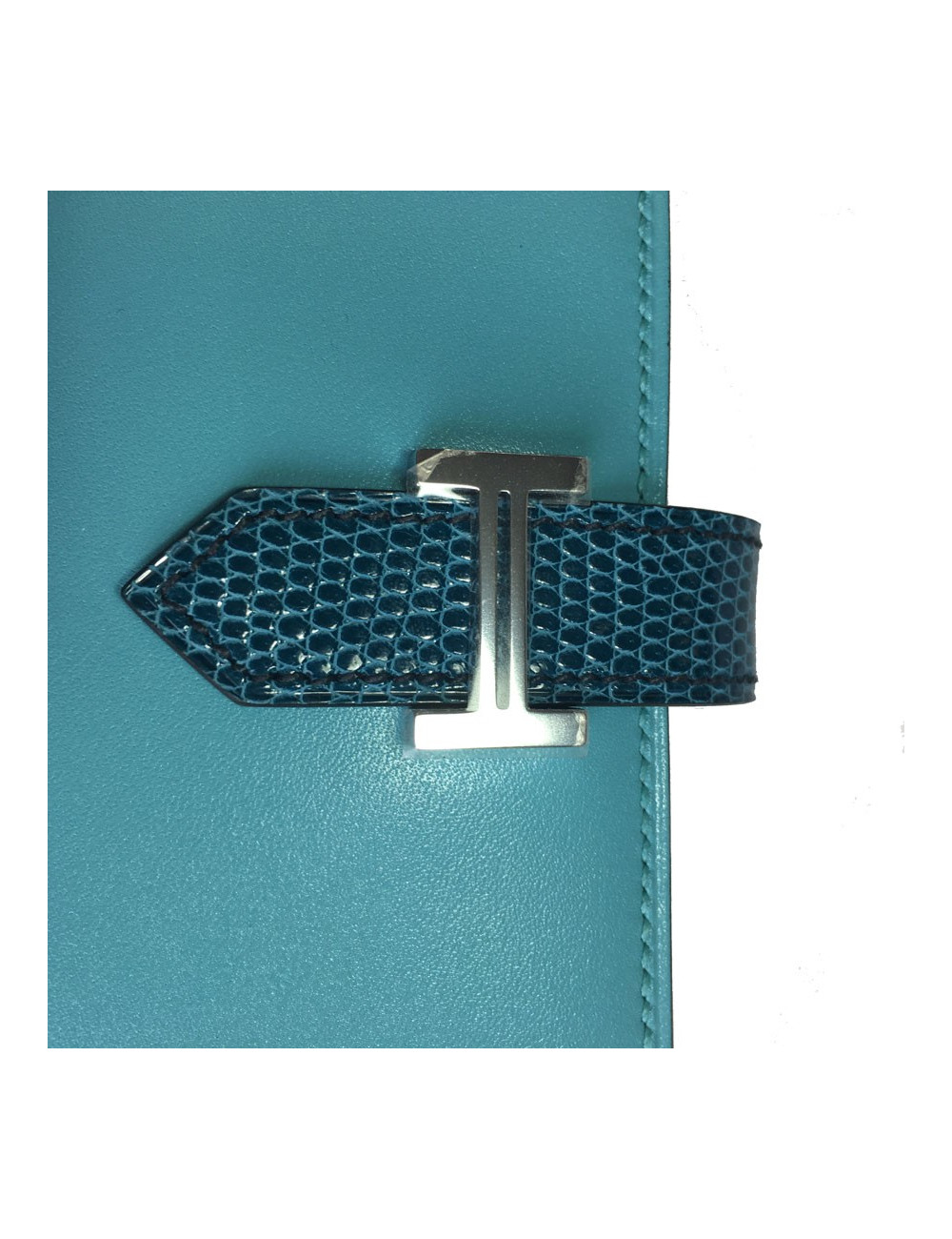 Portefeuille Bearn HERMES cuir et lézard bleu