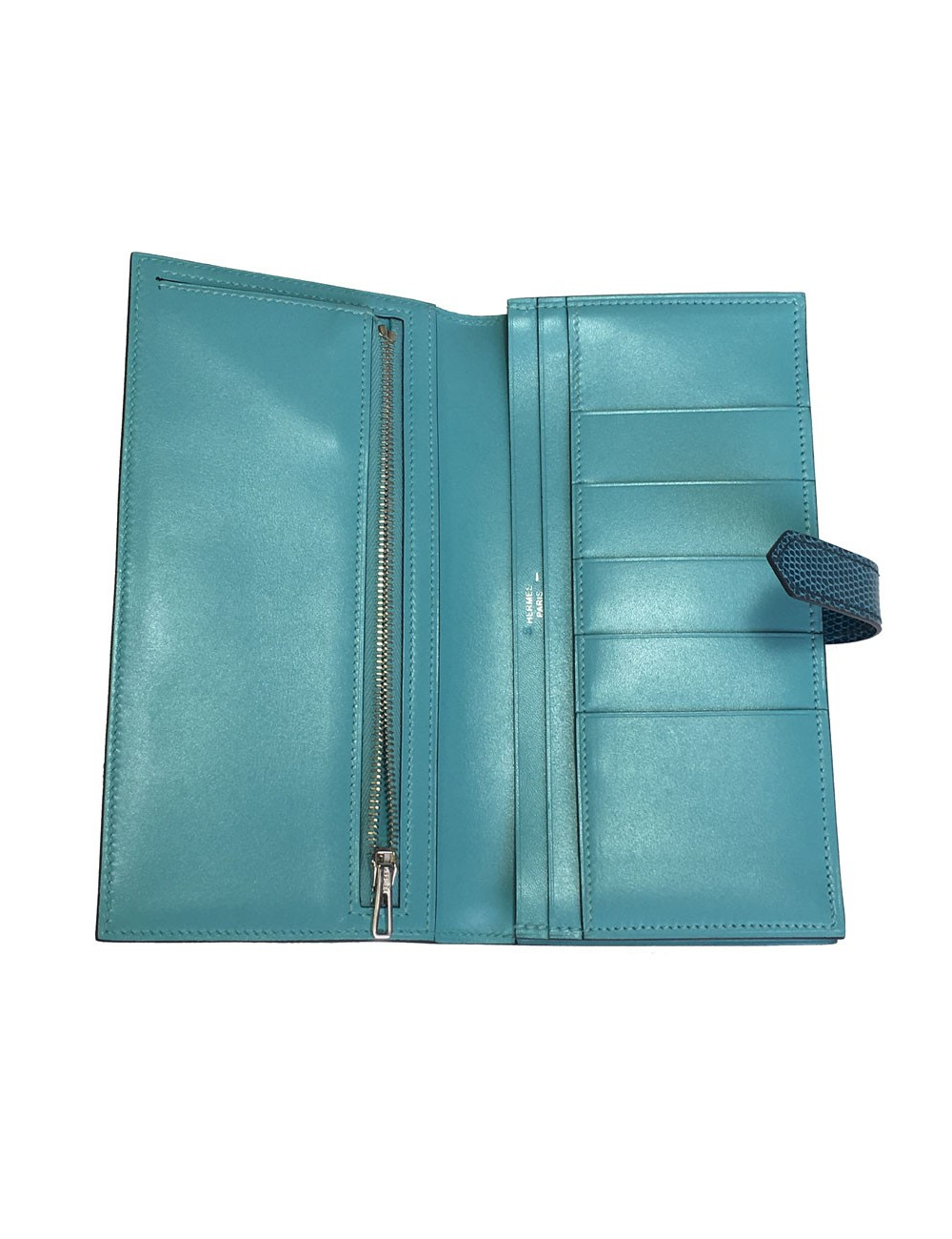 Portefeuille Bearn HERMES cuir et lézard bleu