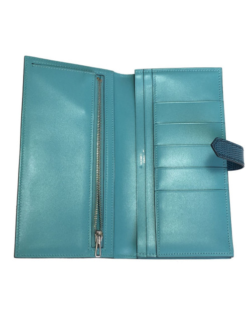 Portefeuille Bearn HERMES cuir et lézard bleu