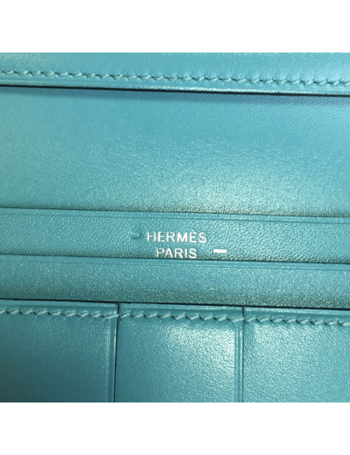 Portefeuille Bearn HERMES cuir et lézard bleu