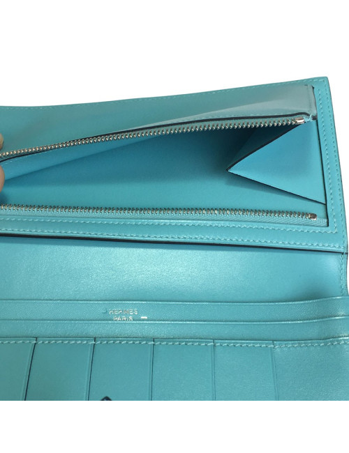 Portefeuille Bearn HERMES cuir et lézard bleu