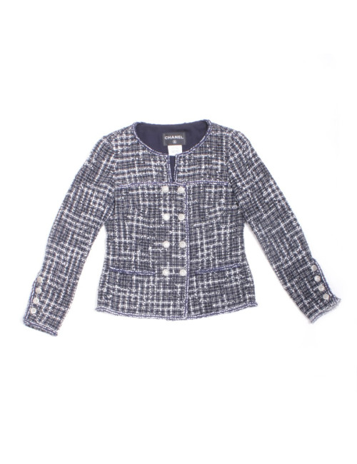 Veste CHANEL T 36 Tweed bleu marine et blanc