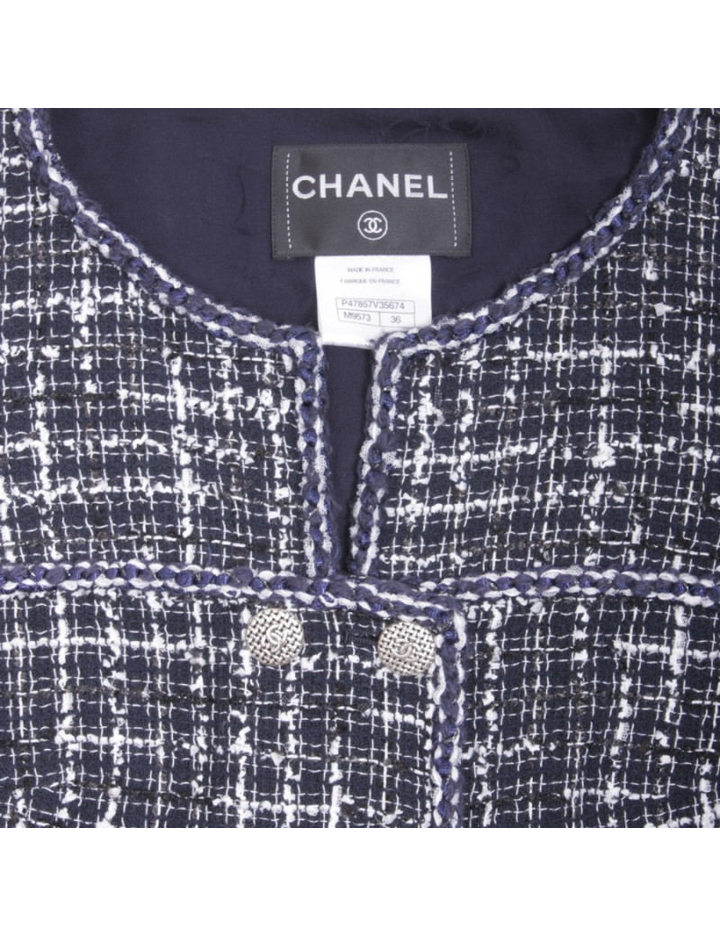 Veste CHANEL T 36 Tweed bleu marine et blanc