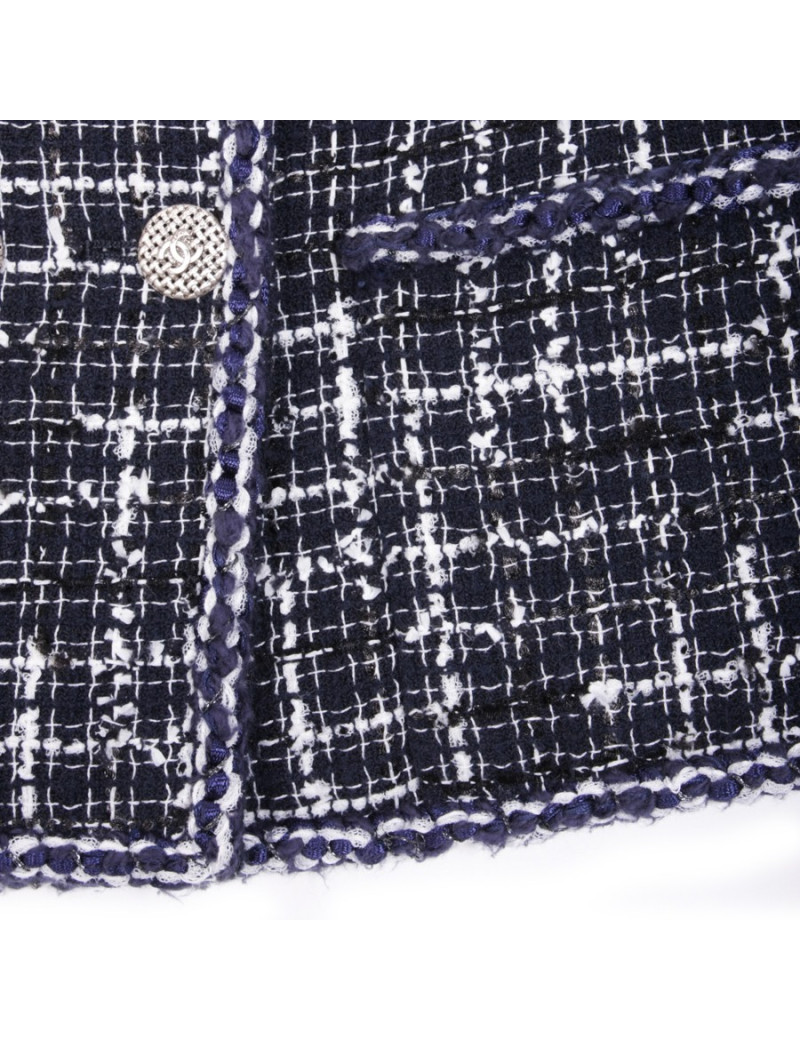 Veste CHANEL T 36 Tweed bleu marine et blanc