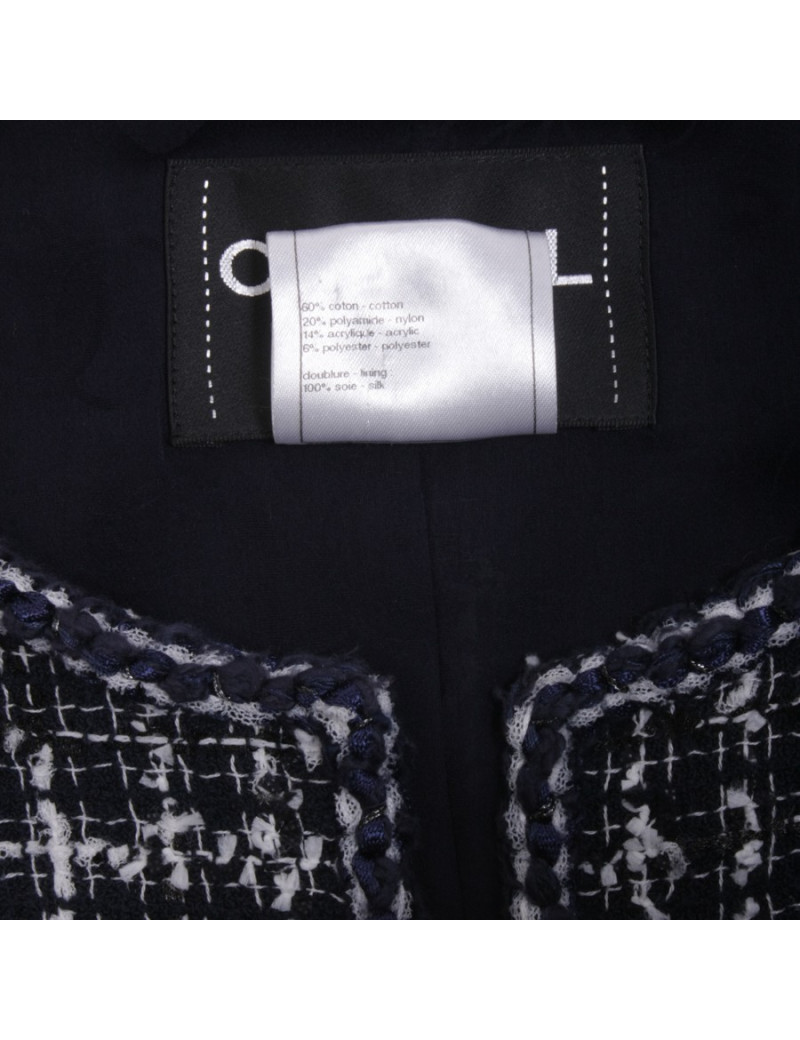 Veste CHANEL T 36 Tweed bleu marine et blanc