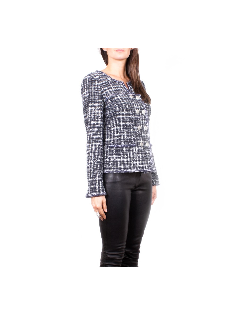 Veste CHANEL T 36 Tweed bleu marine et blanc