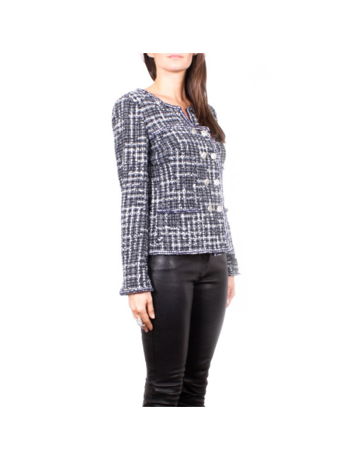 Veste CHANEL T 36 Tweed bleu marine et blanc