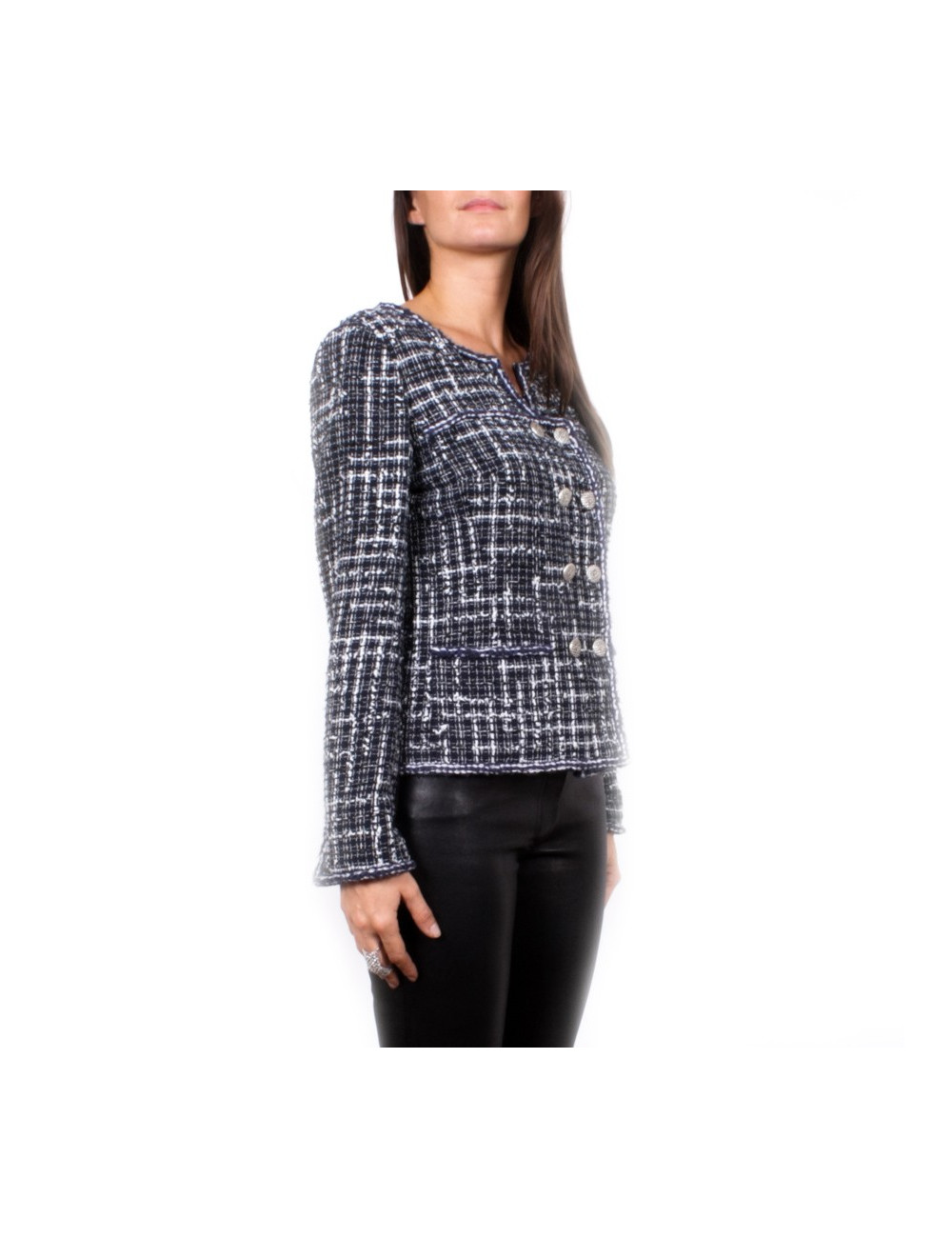 Veste CHANEL T 36 Tweed bleu marine et blanc