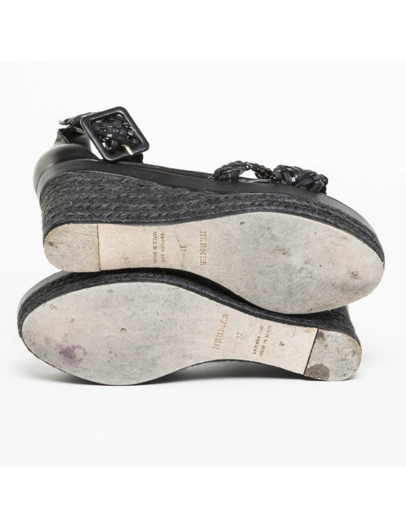 Sandales Hautes HERMES T 37 cuir tressé noir
