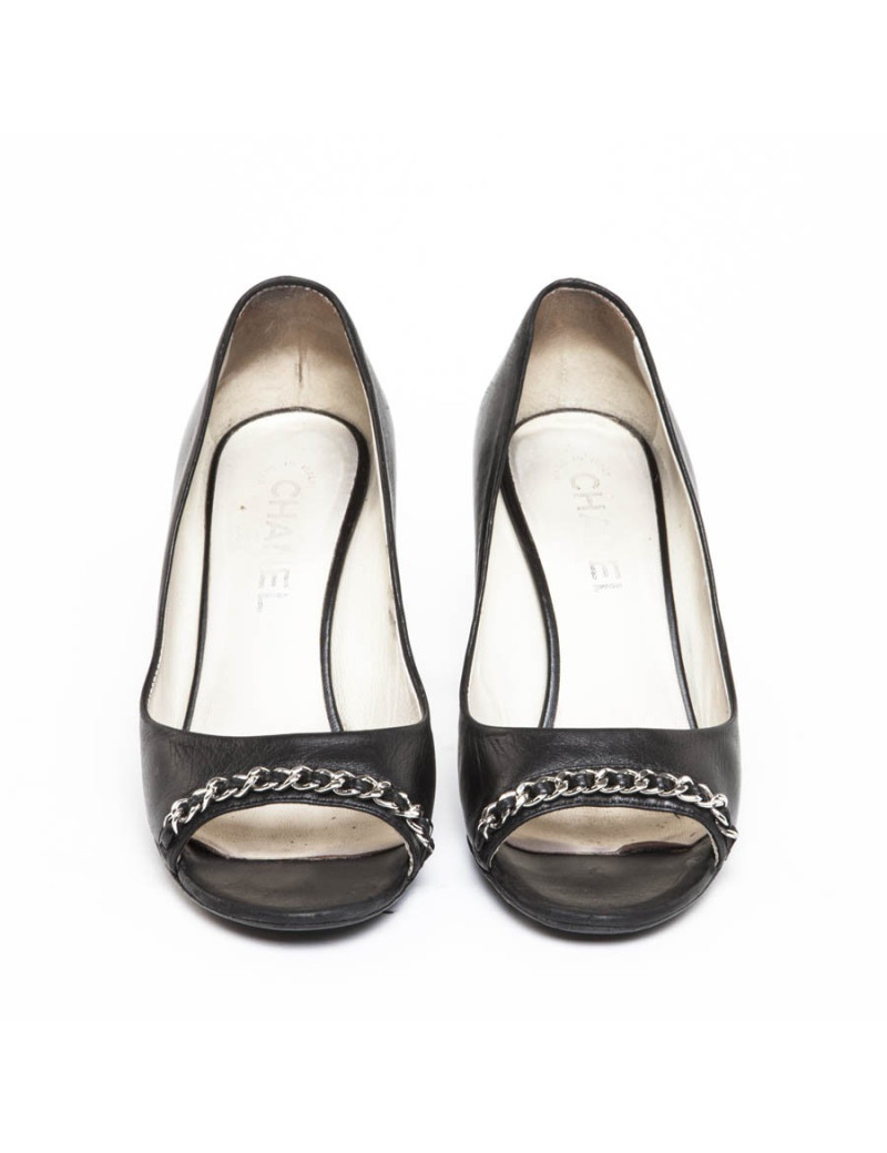 CHANEL shoes T 39.5 black leather and silver chain
