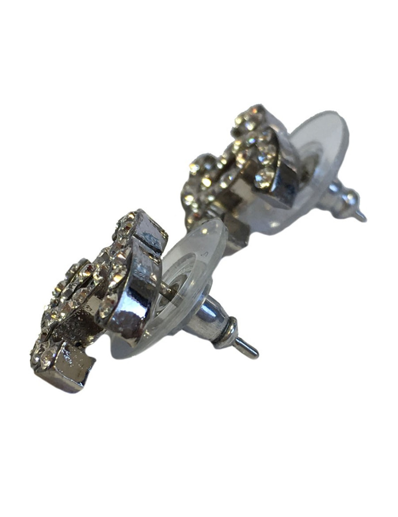 Boucles d'oreilles clous CHANEL CC strass et métal argenté