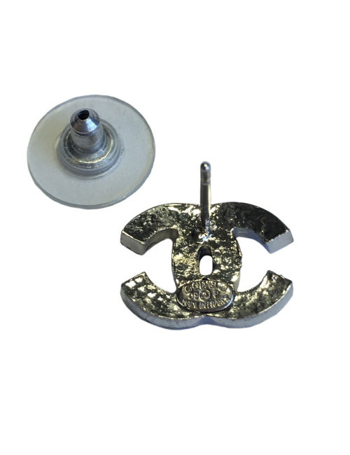 Boucles d'oreilles clous CHANEL CC strass et métal argenté