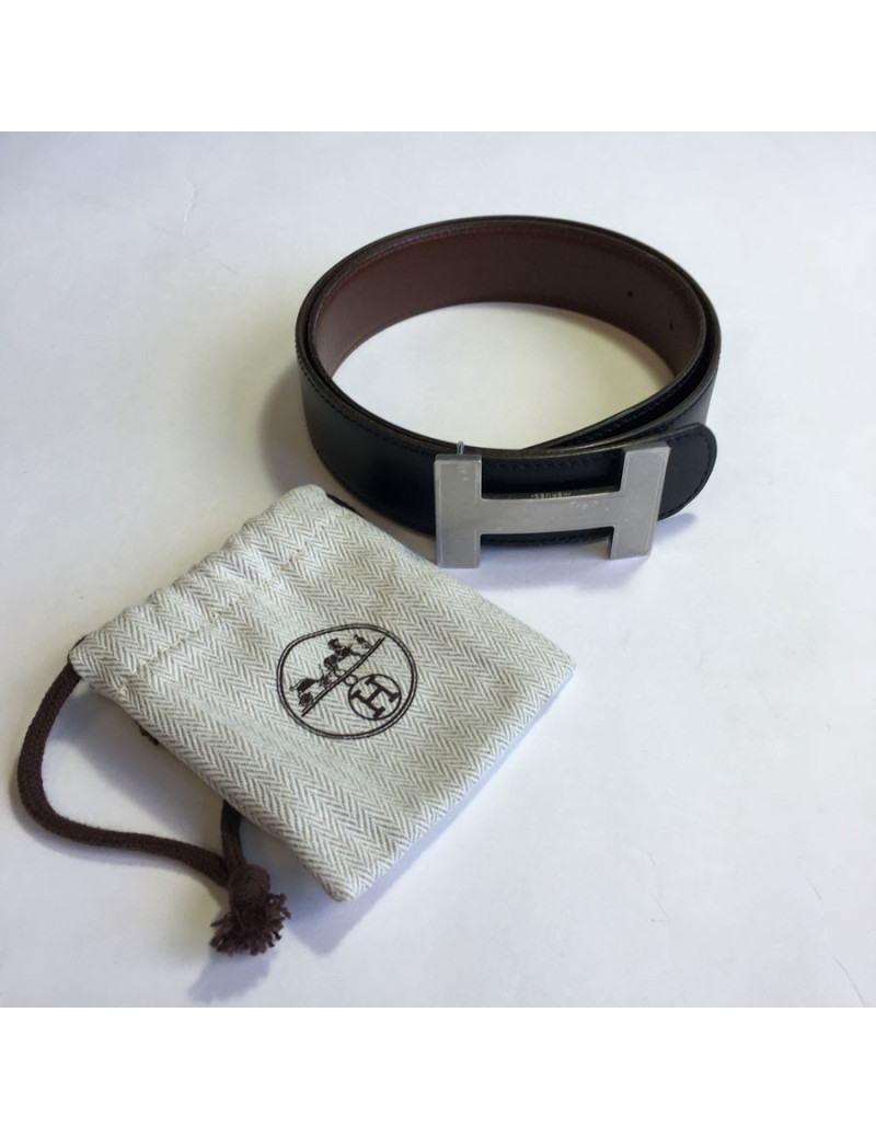 Ceinture H HERMES réversible en cuir noir et marron