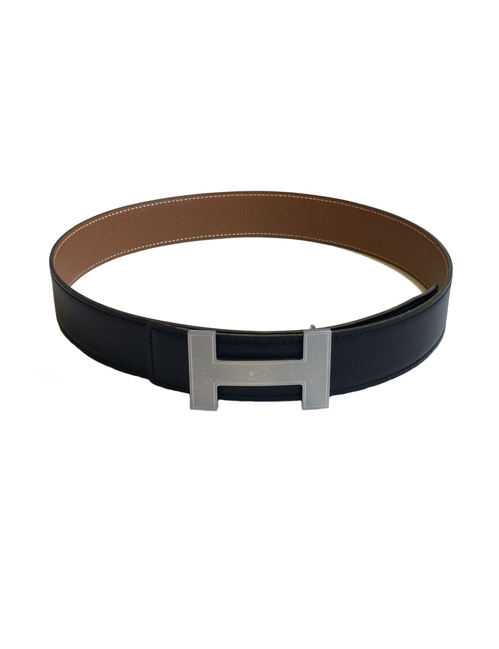 Ceinture H HERMES réversible en cuir box noir et cuir courchevel gold