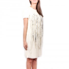 CHANEL T 42 dress in cream wool and black wires
