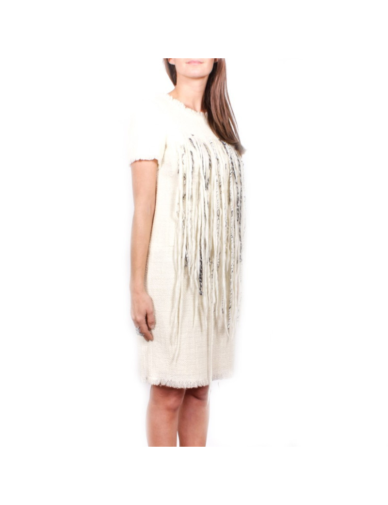 Robe CHANEL T 42 en laine crème et fils noirs