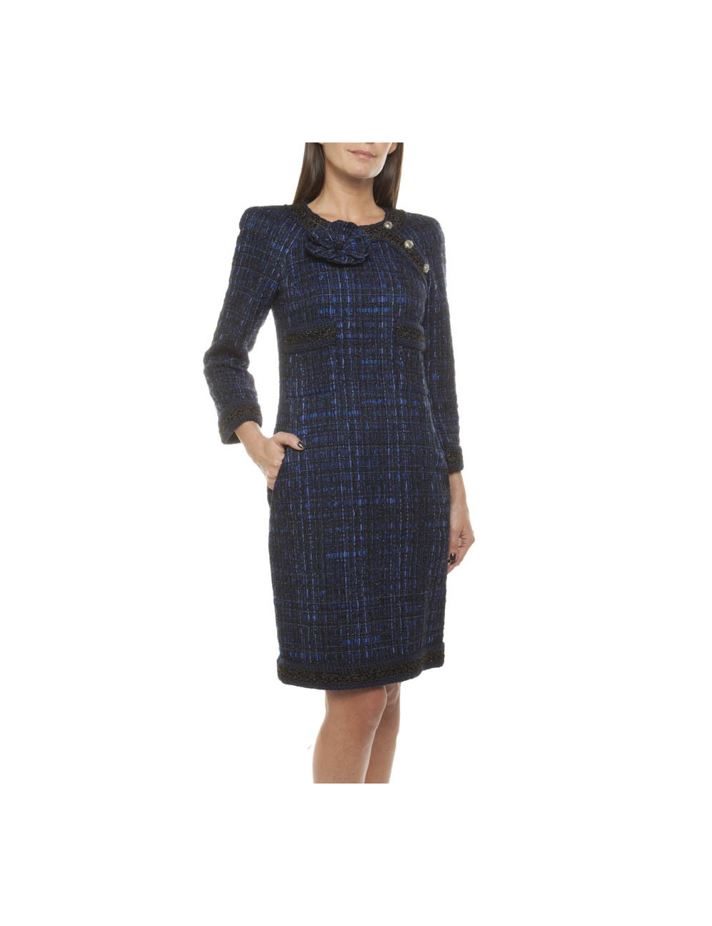 CHANEL 'Paris-Shanghai' dress in silk blue tweed and wool size 38EU