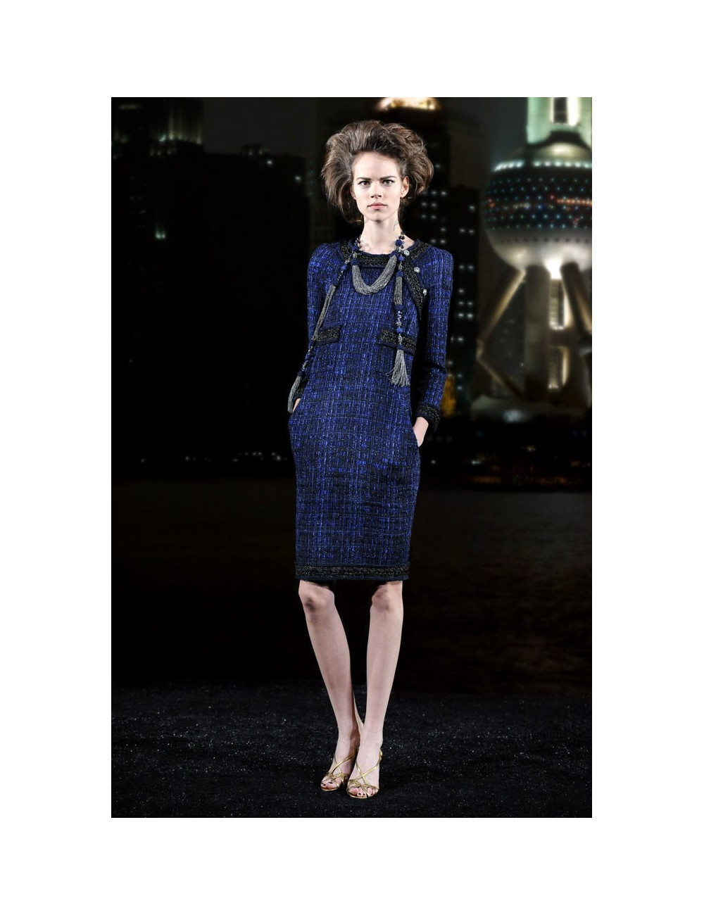 CHANEL 'Paris-Shanghai' dress in silk blue tweed and wool size 38EU