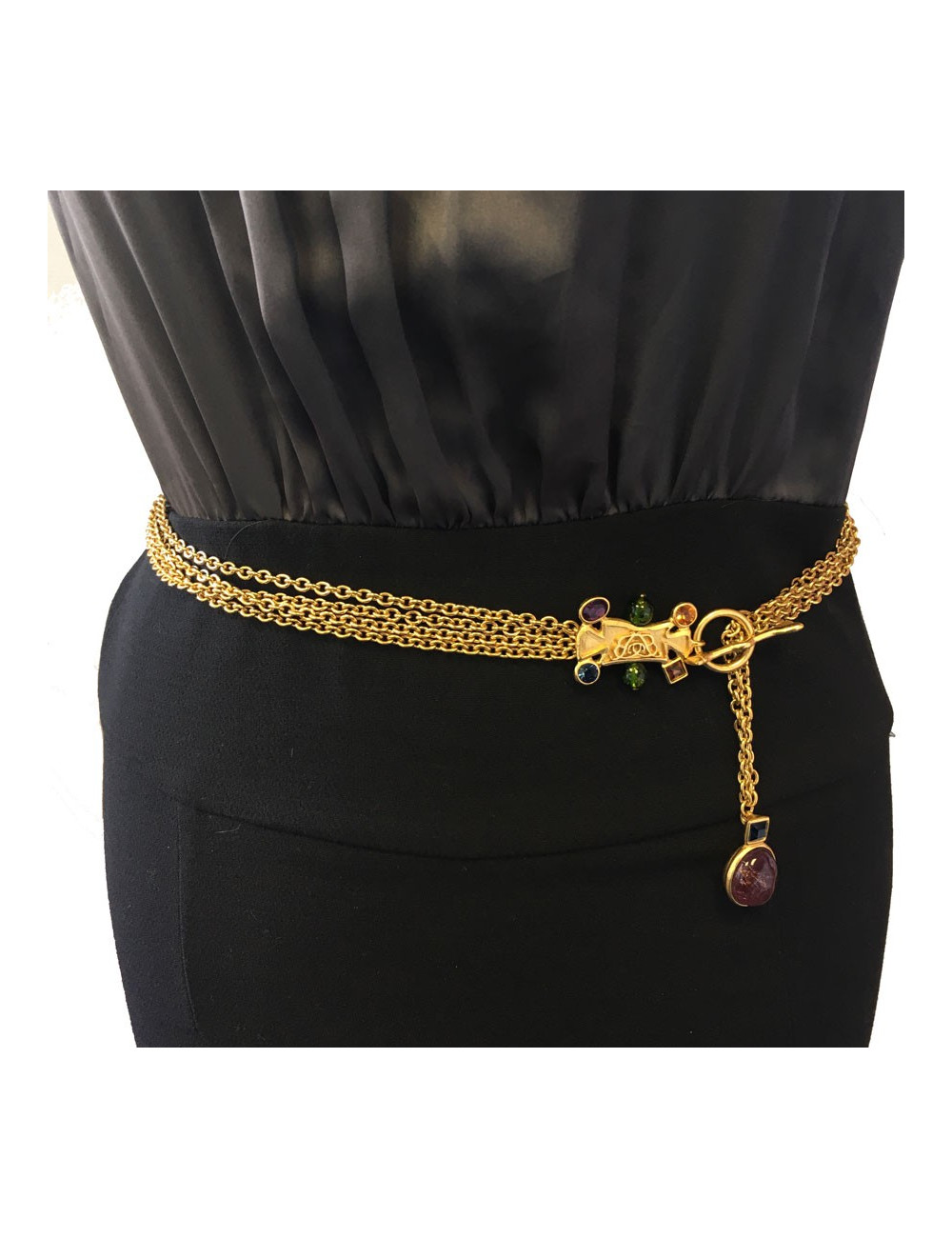 BALENCIAGA belt in gilded metal chain, rhinestones and resin