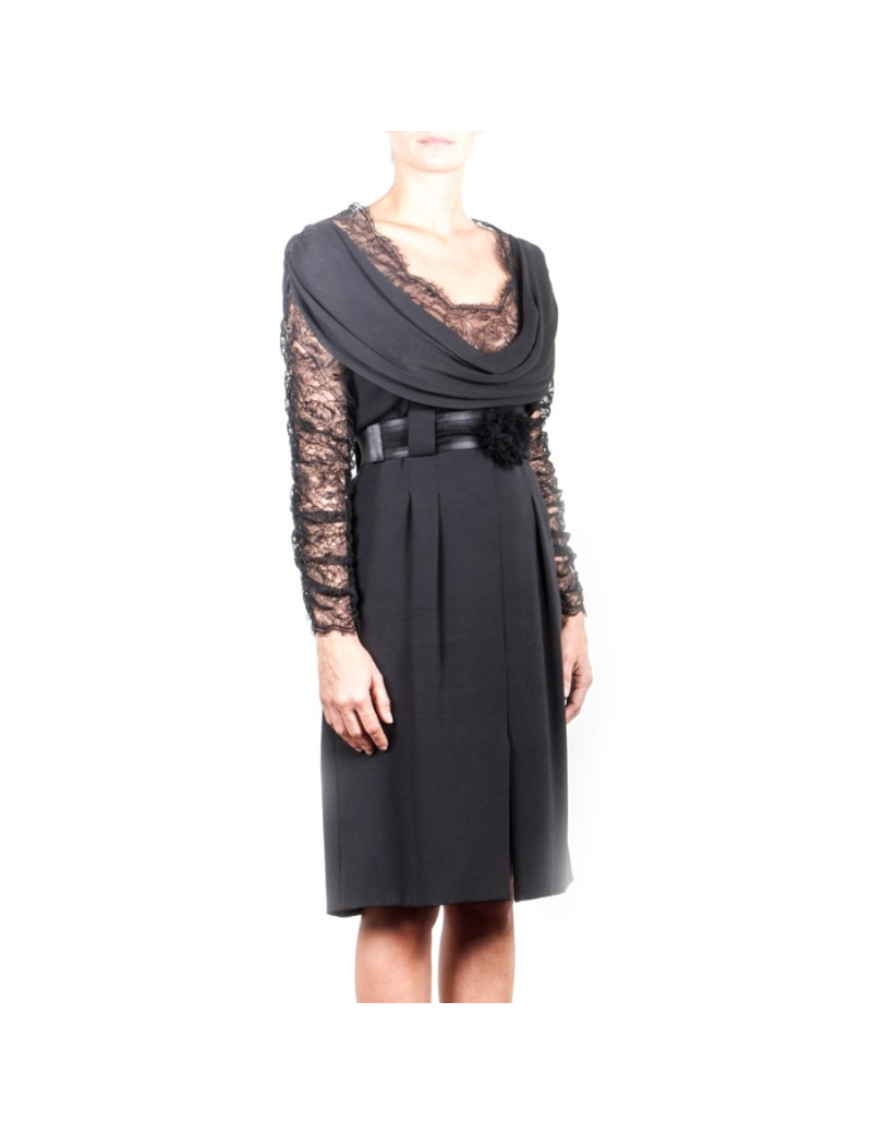 Robe de cocktail CHANEL T 36 en soie et dentelle noire