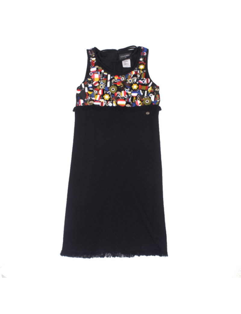 Robe CHANEL T 36 laine noir broderie drapeaux